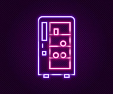 Parlayan neon hattı yiyecek ve içecek otomatiği otomatikman siyah arka planda izole edilmiş ikon satıyor. Renkli taslak konsepti. Vektör