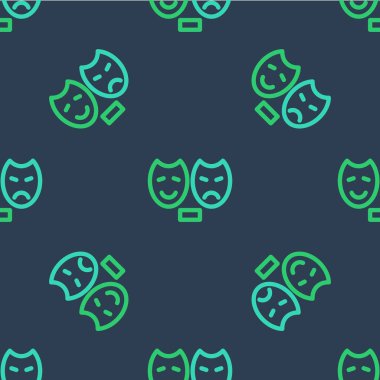 Çizgi Komedi ve Trajedi Maskeleri ikonu mavi arka planda kusursuz bir desen izole etti. Vektör