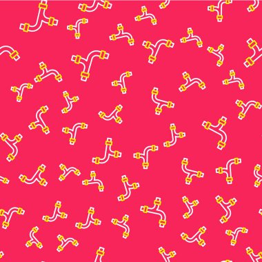 Çizgi Endüstrisi metalik boru ikonu kırmızı arka planda izole edilmiş pürüzsüz desen. Tesisat boru hattının farklı şekillerde parçaları. Vektör