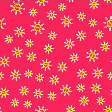 Güneş enerjisi çizgi simgesi kırmızı arkaplanda izole edilmiş. Yıldırım sembollü güneş. Vektör