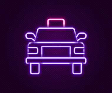 Parlayan neon hat taksi ikonu siyah arka planda izole edildi. Renkli taslak konsepti. Vektör