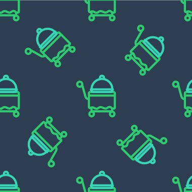 Mavi arka planda izole edilmiş yemek ikonu tepsisiyle kaplı bir hat. Tepsi ve kapak işareti. Kapaklı bir restoran saati. Vektör