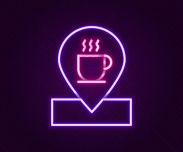 Leuchtende Leuchtschrift Location mit Kaffeetasse-Symbol isoliert auf schwarzem Hintergrund. Buntes Rahmenkonzept. Vektor — Stockvektor