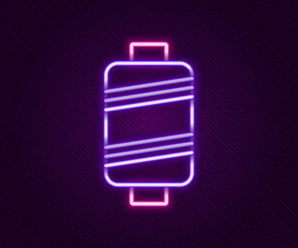 Leuchtende Neon-Linie Nähgarn auf Spulensymbol isoliert auf schwarzem Hintergrund. Garnspule vorhanden. Fadenspule. Buntes Rahmenkonzept. Vektor — Stockvektor