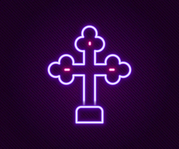 Icono de cruz cristiana de línea de neón brillante aislado sobre fondo negro. Cruz de iglesia. Concepto de esquema colorido. Vector — Vector de stock