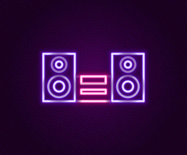 Línea de neón brillante Estéreo casero con el icono de dos altavoces aislado en el fondo negro. Sistema de música. Concepto de esquema colorido. Vector — Vector de stock