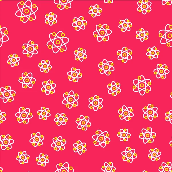 Línea Atom icono aislado patrón sin costura sobre fondo rojo. Símbolo de ciencia, educación, física nuclear, investigación científica. Vector — Vector de stock