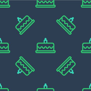 Yanan mum simgesine sahip çizgi kek mavi arkaplanda izole edilmiş pürüzsüz desen. Doğum günün kutlu olsun. Vektör