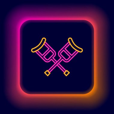 Parlayan neon çizgisi ya da koltuk değneği simgesi siyah arkaplanda izole edilmiş. Kas iskeleti hastalığı olan insanların rehabilitasyonu için gerekli ekipman. Renkli taslak konsepti. Vektör