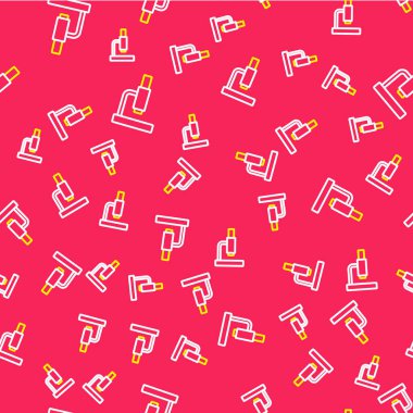 Çizgi mikroskobu simgesi kırmızı arkaplanda izole edilmiş. Kimya, ilaç aleti, mikrobiyoloji büyütme aracı. Vektör