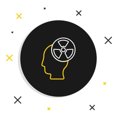 Bir insan kafası silueti ve beyaz arka planda izole edilmiş bir radyasyon sembolü. Renkli taslak konsepti. Vektör