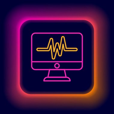Siyah arkaplanda kardiyogram simgesi olan parlak neon hattı bilgisayar monitörü. Simge denetleniyor. Kalp atışı elle çizilmiş EKG monitörü. Renkli taslak konsepti. Vektör