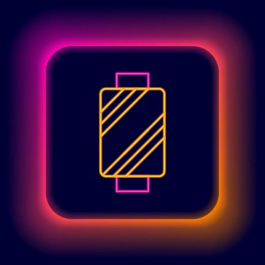 Parlayan neon çizgisi, siyah arkaplanda izole edilmiş makara simgesine iplik dikmek. İplik makarası. İplik kutusu. Renkli taslak konsepti. Vektör