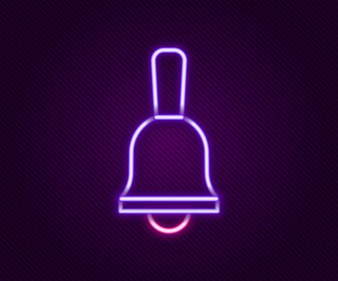 Parlayan neon hattı zil simgesi siyah arkaplanda izole edildi. Alarm sembolü, servis zili, el zili işareti, uyarı sembolü. Renkli taslak konsepti. Vektör