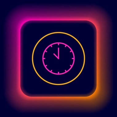 Parlayan neon çizgi saat simgesi siyah arkaplanda izole edildi. Zaman sembolü. Renkli taslak konsepti. Vektör