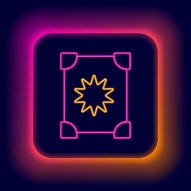 Simya tarifleri, mistik büyüler ve kara arka planda izole edilmiş büyü simgeleriyle parlayan neon hattı Kadim büyü kitabı. Renkli taslak konsepti. Vektör