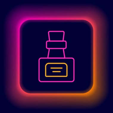 Siyah zemin üzerinde iksir ikonu olan parlak neon hattı şişesi. Sihirli iksirli matara. Mutlu Cadılar Bayramı Partisi. Renkli taslak konsepti. Vektör