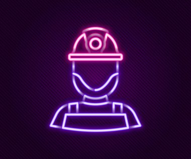 Siyah arkaplanda izole edilmiş bir kask ikonu içinde parıldayan neon hattı Miner. Renkli taslak konsepti. Vektör