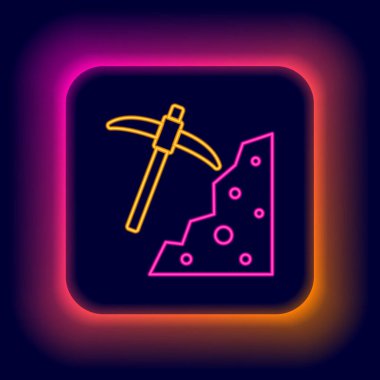 Parlayan neon çizgisi Kazma simgesi siyah arkaplanda izole edildi. Renkli taslak konsepti. Vektör