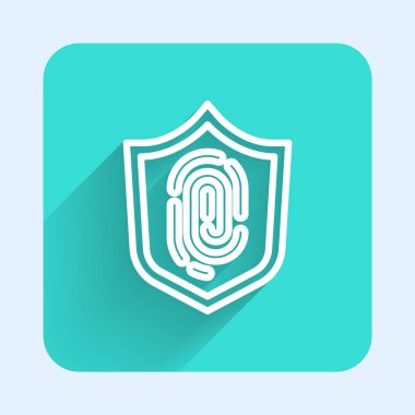 Beyaz çizgi parmak izi simgesi uzun gölgeli izole edilmiş. Kimlik uygulaması simgesi. Kimlik işareti. Kimliğe dokun. Yeşil kare düğmesi. Vektör