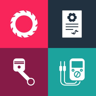 Pop sanat Multimetresi, motor pistonu, otomotiv kontrolü otomotiv ve araba tekerleği simgesini ayarla. Vektör