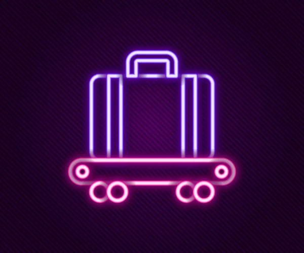 Siyah arka planda parlayan neon hat taşıyıcı bavul, bavul, çanta ve bagaj ikonu var. Renkli taslak konsepti. Vektör — Stok Vektör