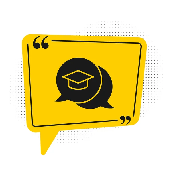 Gorra de graduación negra en el icono de la burbuja del habla aislada sobre fondo blanco. Sombrero de graduación con icono de borla. Símbolo amarillo de burbuja. Vector — Archivo Imágenes Vectoriales