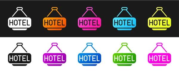 Establecer letrero publicidad al aire libre con texto icono del hotel aislado sobre fondo blanco y negro. Vector — Archivo Imágenes Vectoriales