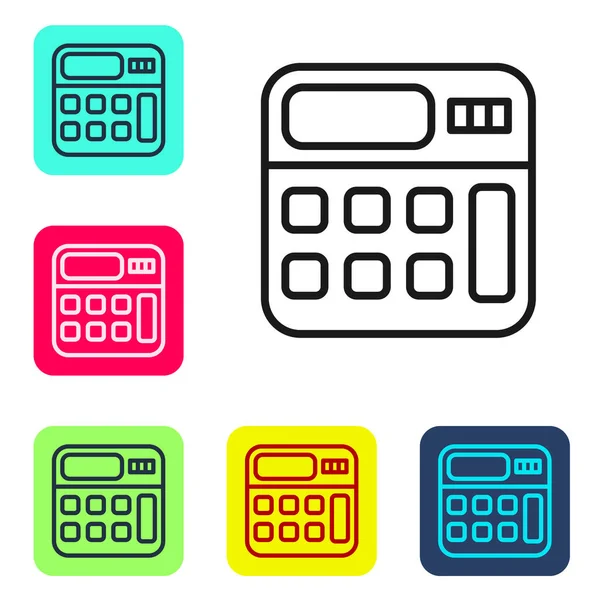 Zwarte lijn Calculator pictogram geïsoleerd op witte achtergrond. Boekhoudkundig symbool. Bedrijfsberekeningen wiskunde onderwijs en financiën. Stel pictogrammen in kleur vierkante knoppen. Vector — Stockvector