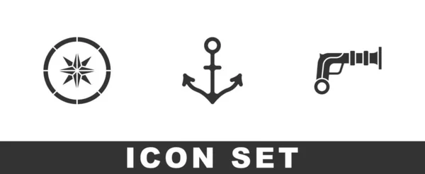 Set Compass, Anker en Vintage pistolen icoon. Vector — Stockvector