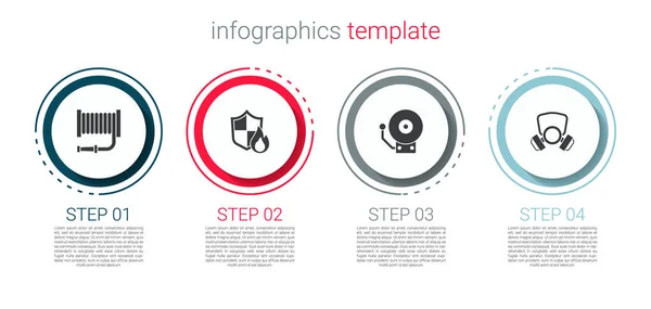 Definir carretel de mangueira de incêndio, escudo de proteção, campainha de alarme e máscara de gás. Modelo de infográfico de negócios. Vetor — Vetor de Stock