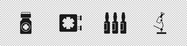 Set Medicijn fles en pillen, Medisch symbool van de Spoedeisende Hulp, flacon, ampul en Microscoop pictogram. Vector — Stockvector
