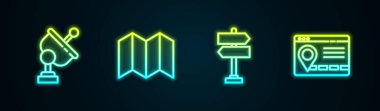 Radar hattını, katlanmış haritayı, trafik işaretini ve şehir navigasyon bilgisini ayarlayın. Parlayan neon ikonu. Vektör