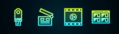 USB flash disk, Movie clapper, Play Video ve Online oyun videolarını ayarla. Parlayan neon ikonu. Vektör