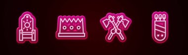 Ortaçağ tahtı, kral tacı ortaçağ baltalarını çapraz ve oklu Quiver. Parlayan neon ikonu. Vektör