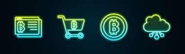 Tarayıcıya Bitcoin hattı, bitcoin ile alışveriş arabası ve Kripto para bulutu madenciliği koyun. Parlayan neon ikonu. Vektör