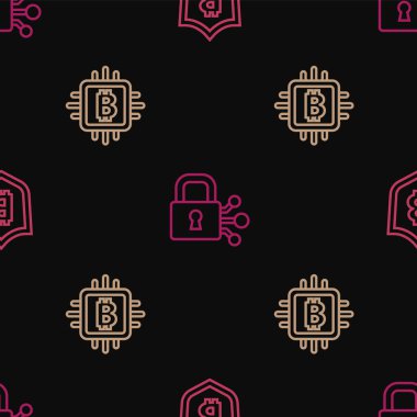 Hat kalkanını bitcoin ile ayarla, CPU madencilik çiftliği ve kilit kusursuz desende. Vektör