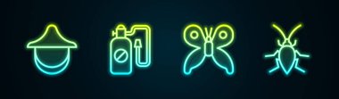 Sıralı Beekeeper şapkası, Basınç spreyi, Kelebek ve Hamamböceği. Parlayan neon ikonu. Vektör