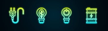Elektrik prizi, yapraklı ampul, yıldırım ve biyo yakıt varili ayarlayın. Parlayan neon ikonu. Vektör
