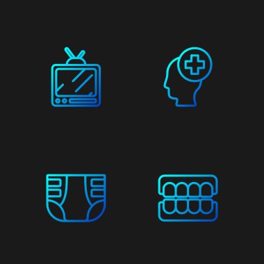 Sahte çene, yetişkin bezi, Retro TV ve hastaneli erkek kafası. Renk simgeleri. Vektör