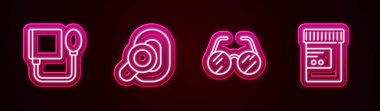 Kan basıncı, işitme cihazı, gözlük, ilaç şişesi ve hapları ayarlayın. Parlayan neon ikonu. Vektör