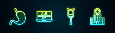 İnsan midesi, kardiyogramlı dizüstü bilgisayar, koltuk değneği ya da koltuk değneği ve hastane binası. Parlayan neon ikonu. Vektör