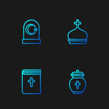 Cenaze vazosu, kutsal kitap, Müslüman mezarlığı ve kilise kulesi. Renk simgeleri. Vektör