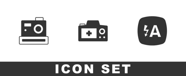 Establecer cámara de fotos, y el icono de flash automático. Vector — Vector de stock