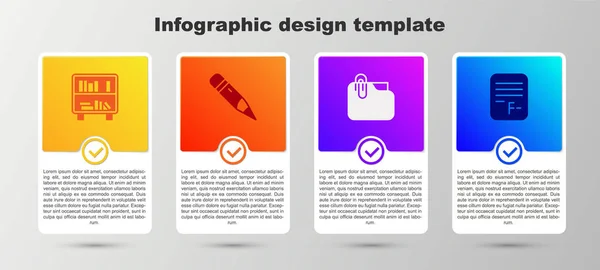 Definir prateleira com livros, Lápis borracha, clip pasta Documento e Exame de papel respostas incorretas. Modelo de infográfico de negócios. Vetor — Vetor de Stock