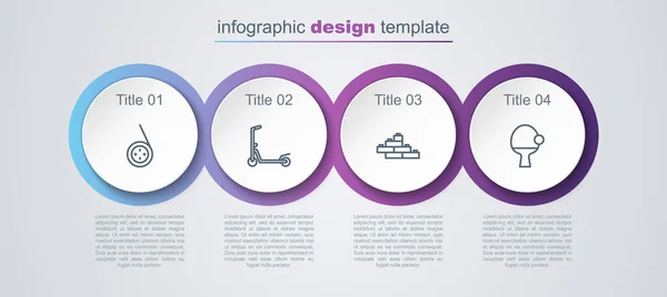 Set line Yoyo toy, Scooter, ladrillos de bloque de construcción de juguete y raqueta y pelota. Plantilla de infografía empresarial. Vector — Archivo Imágenes Vectoriales