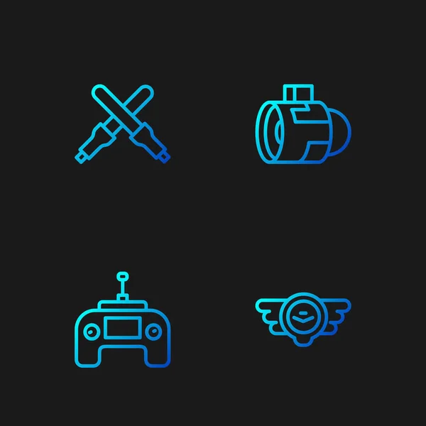 Establecer línea emblema de aviación, control remoto Drone, varitas de Marshalling y turbina de motor Jet. Iconos de color degradado. Vector — Vector de stock