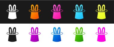 Sihirbaz şapkası ve tavşan kulağı simgesini siyah ve beyaz arkaplanda izole et. Sihir numarası. Gizemli eğlence konsepti. Vektör