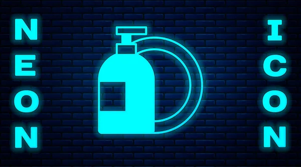 Leuchtende Neon Spülmittel Flasche und Teller Symbol isoliert auf Backsteinwand Hintergrund. Flüssigwaschmittel zum Geschirrspülen. Vektor — Stockvektor