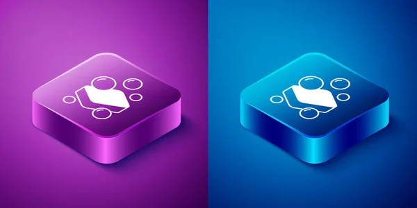 Isometric Bar of soap icon isolated on blue and purple background. Soap bar with bubbles. Square button. Vector — Stock Vector